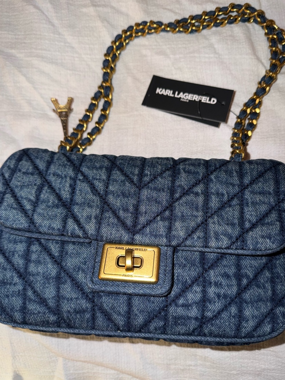 Karl Lagerfeld Quilted Denim Shoulder Bag with Gold Chain